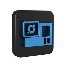 Poster - Blue Action extreme camera icon isolated on transparent background. Video camera equipment for filming extreme sports. Black square button.