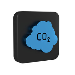 Poster - Blue CO2 emissions in cloud icon isolated on transparent background. Carbon dioxide formula, smog pollution concept, environment concept. Black square button.