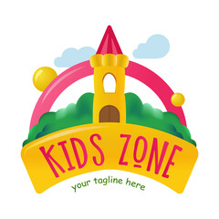 Wall Mural - Bouncy castle cartoon logo. Kids zone concept. Children Playground sign.