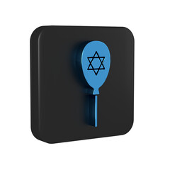 Poster - Blue Balloons with ribbon with star of david icon isolated on transparent background. Balloon with israel flag. Black square button.