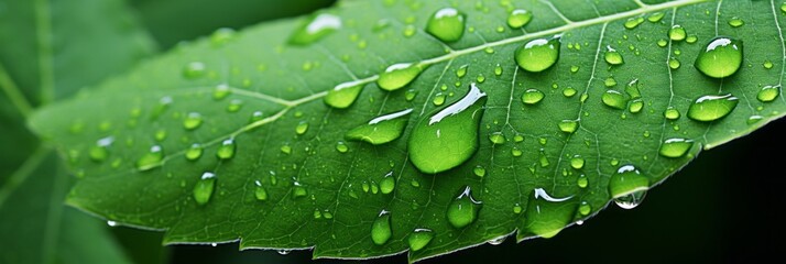 Captivating macro photography of raindrop adorned green leaf, showcasing intricate texture