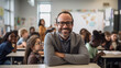© Jhati - A candid moment captured in an elementary school classroom, featuring a male teacher smiling at the camera with a backdrop of students absorbed in their studies