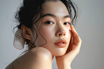 Wall Mural - Studio portrait of a beautiful young Asian woman with cosmetics makeup or skin care on her face that makes her look pretty isolated on clean studio background.