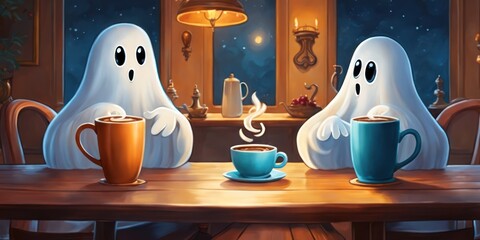 Two kind ghosts sitting at a table with cup of tea or coffee, halloween ghost under a sheet, candles lighting on background at night, cartoon style. AI