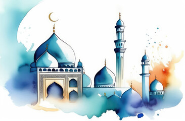 watercolor illustration of Muslim mosque at night on white background. Ramadan Kareem concept.