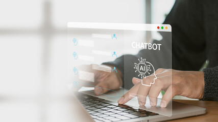 Leinwandbilder - A businessman uses his home computer to show a virtual image chat with artificial intelligence (AI). transforming futuristic technology with the use of the command prompt.