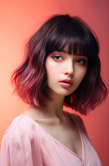 Ombre short hairstyle with 2 colours, black and pink. Beautiful hair coloring woman. Trendy haircuts. Blonde model with short shiny hairstyle. Concept Coloring Hair. Beauty Salon.