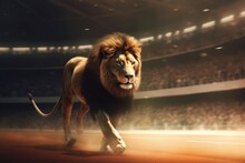 Lion Running Stadium. Trained And Dangerous Predator Performs Big Stage. Generate AI