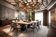 A dining room with a ceiling adorned with hanging geometric shapes, adding a modern and artistic touch