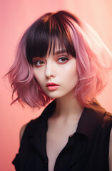 Ombre short hairstyle with 2 colours, black and pink. Beautiful hair coloring woman. Trendy haircuts. Blonde model with short shiny hairstyle. Concept Coloring Hair. Beauty Salon.