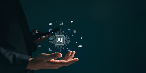 Leinwandbilder - a businessman uses online customer data exchange and analysis with a chat bot. Artificial intelligence and CRM software technology, a customer service centre.