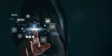 Leinwandbilder - A businessman employs an internet chat bot to exchange and analyse consumer data. A customer care centre using artificial intelligence and CRM software technology