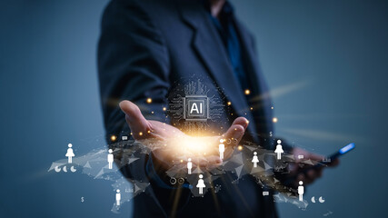 Aufkleber - For Customer Relationship Management, global structure customer network, businessmen use artificial intelligence (AI) analysis. Customer service, social networking, and online digital marketing