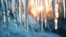 Icicles On Sunset Background. AI Generated.