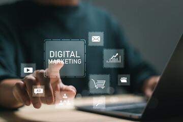 Wall Mural - man use laptop with digital marketing icons for digital marketing commerce online sale concept, webs