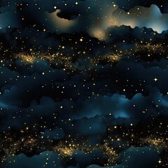 Wall Mural - Watercolor night sky. Seamless pattern with gold foil constellations, stars and clouds on dark blue background. Space, astronomical concept. Design for textile, fabric, paper, print