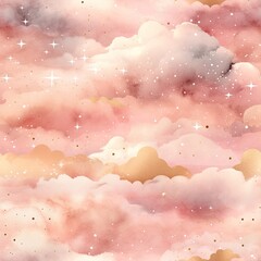 Wall Mural - Watercolor sunset or sunrise sky. Seamless pattern with pink and purple clouds. Beautiful nature concept. Design for textile, fabric, paper, print