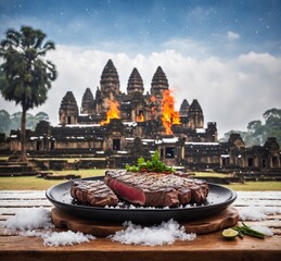 Wall Mural - Roasted beef steak on black plate in front of ancient Hindu temple in Angkor Wat, Cambodia