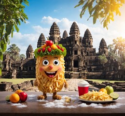 Wall Mural - Funny kawaii fried chicken with french fries on a wooden table in front of Angkor Wat temple, Siem Reap, Cambodia