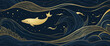 © SR07XC3 - Whimsical navy blue art backdrop with golden whale design. Abstract vector illustration for wallpaper, decoration, printing, or pattern.