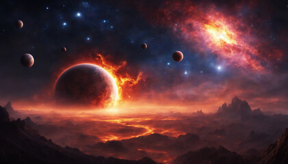 Wall Mural - fiery planet with asteroids and magical elements in digital art landscape
