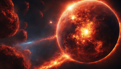 Wall Mural - Explosive planet in space. Clash of planets in space. Blazing planet with smoke, 3D digital art.