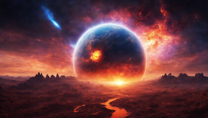 Wall Mural - fiery planet with asteroids and magical elements in digital art landscape