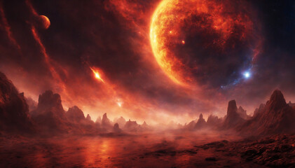 Wall Mural - Fiery planet with asteroids and magical elements in digital art landscape