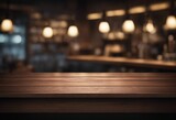 Fototapeta Sport - Dark wooden board empty table top and blur interior shop or pub for product presentation