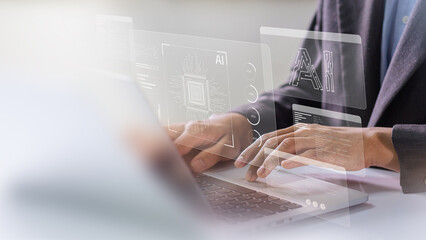 Aufkleber - Businessman employing artificial intelligence (AI) for data management to business analytics using charts, metrics, and KPIs to improve organisational performance, marketing organisation planning