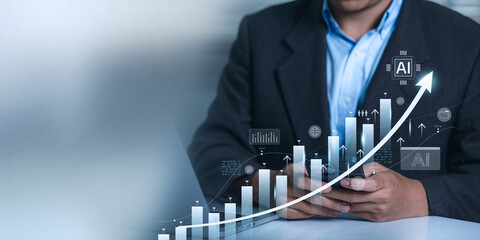 Aufkleber - Businessmen analyse corporate growth, future business growth arrow graph, development to meet goals, business perspective, and financial data for investment using artificial intelligence (AI)