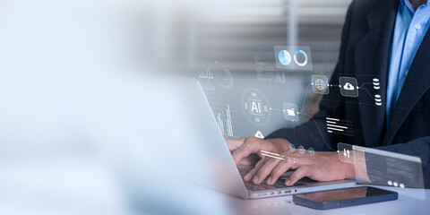 Aufkleber - Businessman employing artificial intelligence (AI) for data management to business analytics using charts, metrics, and KPIs to improve organisational performance, marketing organisation planning