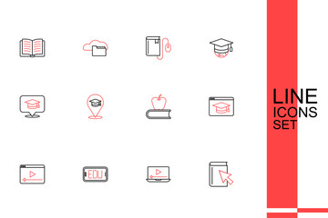 Sticker - Set line Online book, play video, education, Book with apple, and Graduation cap speech bubble icon. Vector