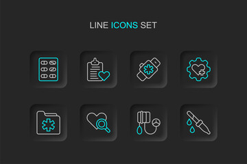 Wall Mural - Set line Pipette, Blood pressure, Medical heart inspection, health record folder, Heart with cross, Smart watch, Patient and Pills blister pack icon. Vector