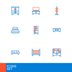 Canvas Print - Set line Library bookshelf, Baby crib cradle bed, Sofa, TV table stand, Big, Lamp hanging, Coat and icon. Vector