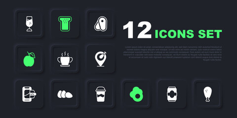 Wall Mural - Set Soda can, Chicken leg, Bowl of hot soup, Scrambled egg, Plum fruit, Bread toast and Coffee cup go icon. Vector