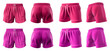 2 Set of magenta purple pink, unisex running sports shorts boxer bottom, front, back and side view on transparent background cutout, PNG file. Mockup template for artwork graphic design.