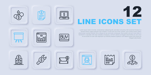 Poster - Set line Document with graph chart, Hierarchy dollar, Browser stocks market, Telephone 24 hours support, Chalkboard, Repair price, Contract money and Mail and e-mail icon. Vector