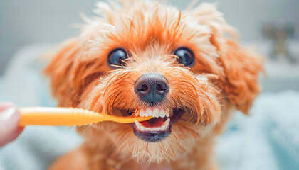  Adorable dog, brushes teeth at the dentist, Pet Dental Health Month celebration, concept Animals, generative ai