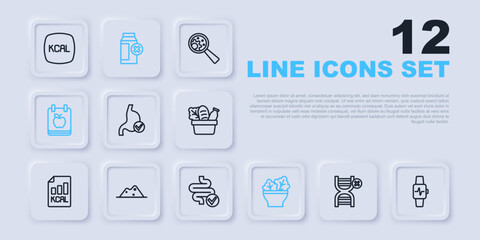 Poster - Set line No GMO, Smart watch with heart, Human stomach health, Salad in bowl, Diet plan, Salt, Lactose intolerance and Intestines icon. Vector