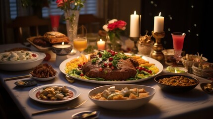 Canvas Print - different dishes on the table setting with candles