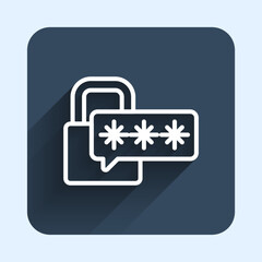 Poster - White line Cyber security icon isolated with long shadow background. Closed padlock on digital circuit board. Safety concept. Digital data protection. Blue square button. Vector