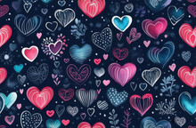 Hand Drawn Hearts And Love Signs Romantic Seamless Pattern. Isolated Drawn Monochrome Repeating Patterns On A Dark Background. Cute Doodle Heart Style Seamless Pattern On Dark Background