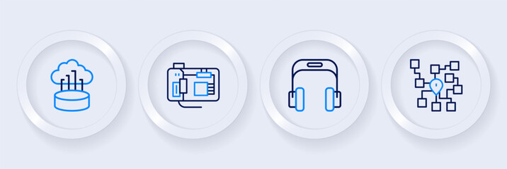 Poster - Set line Neural network, Headphones, Motherboard and Network cloud connection icon. Vector