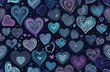 Hand drawn hearts and love signs romantic seamless pattern. Isolated drawn monochrome repeating patterns on a dark background. Cute doodle heart style seamless pattern on dark background