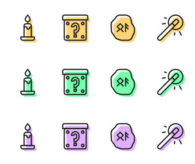 Sticker - Set line Magic runes, Burning candle, Mystery box and wand icon. Vector