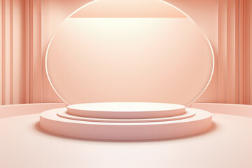 Wall Mural - Peach color podium with bright lights, stand to show cosmetic products background. Minimal abstract stage with platform in studio. Concept of display, pedestal, beauty and mockup.