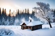 A peaceful winter landscape featuring a snow-covered wooden cabin, smoke rising from the chimney into the clear, chilly air.