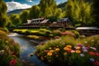 A peaceful afternoon scene with a river hotel surrounded by vibrant wildflowers, harmonizing with the natural beauty of the river.