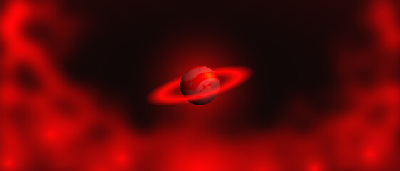 Vector wide space abstract futuristic banner. Muddy red glow. Planet in Saturn style with rings. Haze or fog. Background or wallpaper. Cosmic bloody nebula.